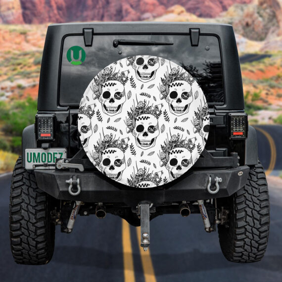 Black And White Human Skull With Plants Spare Tire Cover Jeep Tire