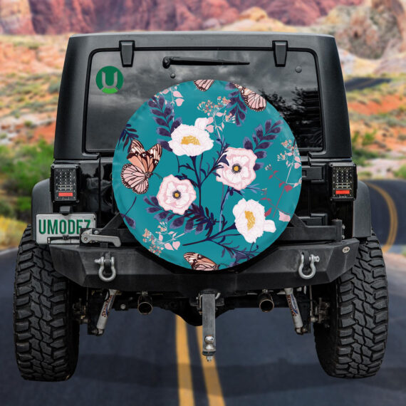 Blooming White Flowers With Butterfly Botanical Garden Spare Tire Cover - Jeep Tire Covers