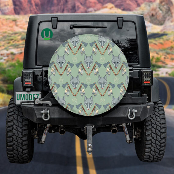 Native American With Wolf And Axes Spare Tire Cover - Jeep Tire Covers