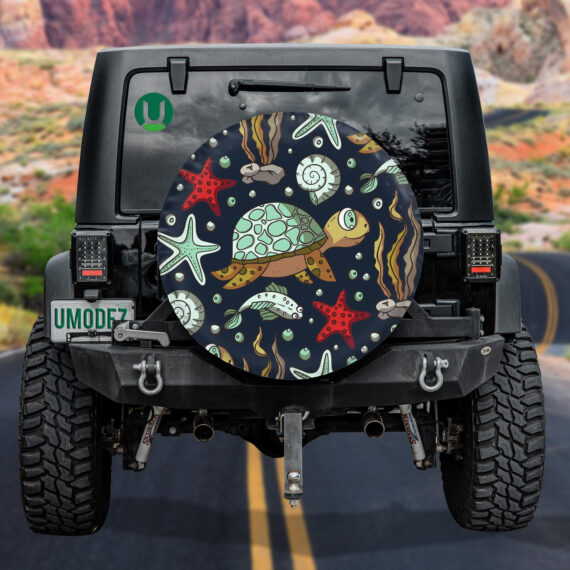 Hand Drawn Summer Ocean Cartoon Turtle Spare Tire Cover - Jeep Tire Covers