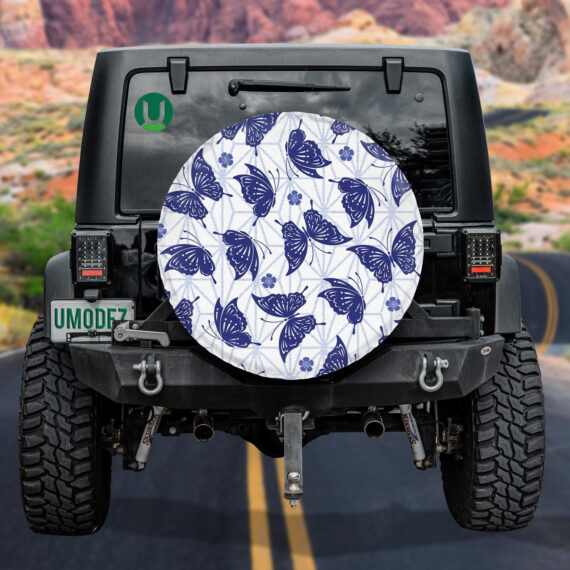 Hand Drawn Japanese Butterfly And Purple Flora Spare Tire Cover Jeep