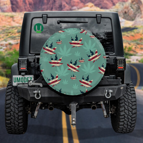 Design American Flag Cannabis Leaf Green Background Spare Tire Cover - Jeep Tire Covers