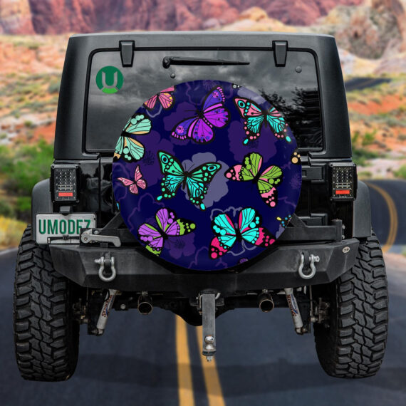 Hand Drawn Butterflies And Flora On Purple Spare Tire Cover - Jeep Tire Covers