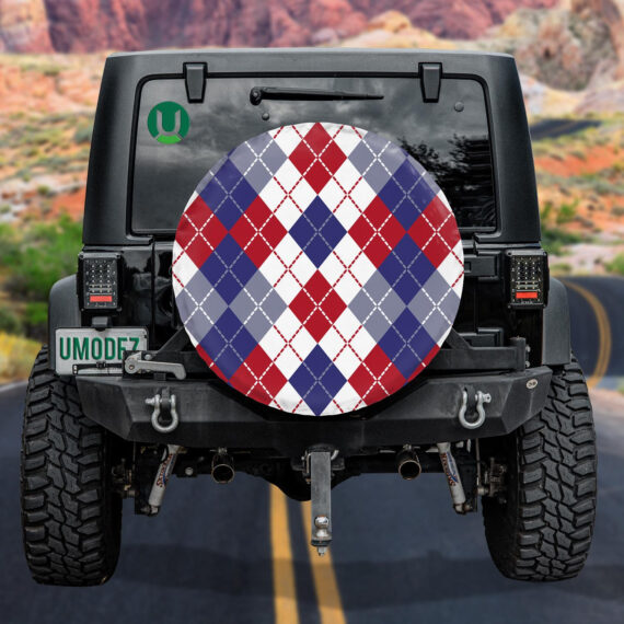 Patriotic Red White And Blue Argyle Pattern Spare Tire Cover - Jeep Tire Covers