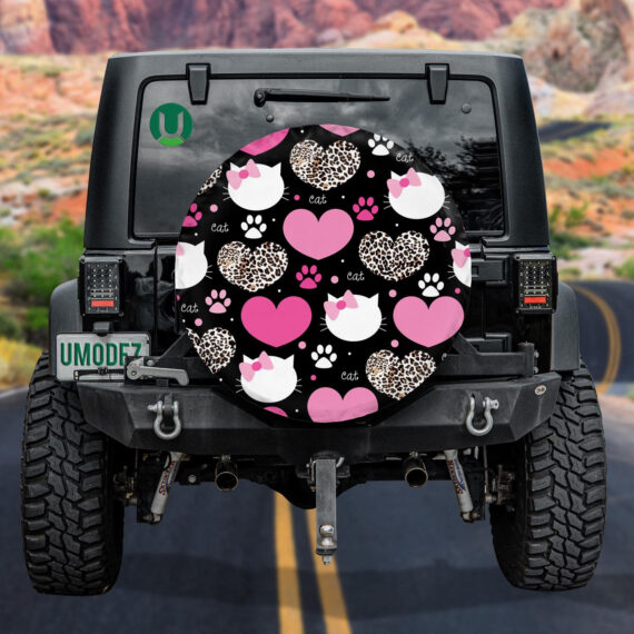 Leopard In Heart With Cat Face Spare Tire Cover - Jeep Tire Covers