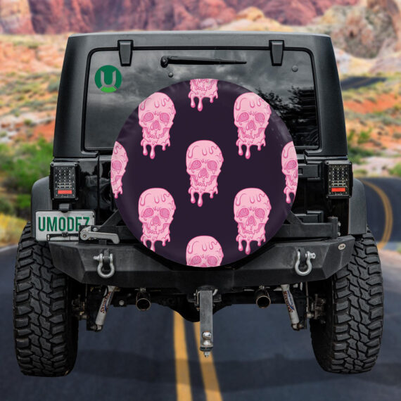 Pink Human Skull With Ice Cream On Black Background Spare Tire Cover - Jeep Tire Covers