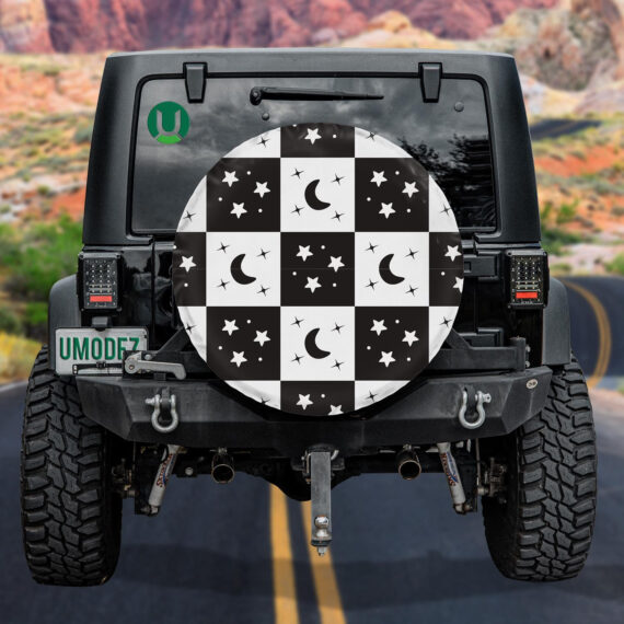 Moon And Star On Black White Checkred Background Spare Tire Cover - Jeep Tire Covers