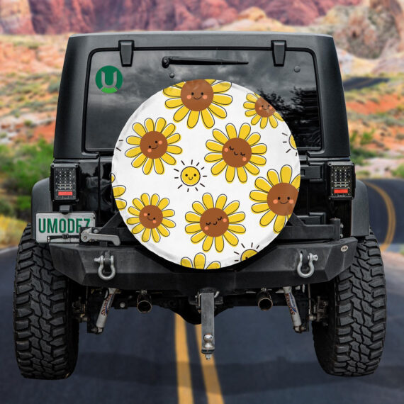 Happy Childish Cartoon Smiling Sun And Suflower Pattern Spare Tire Cover - Jeep Tire Covers