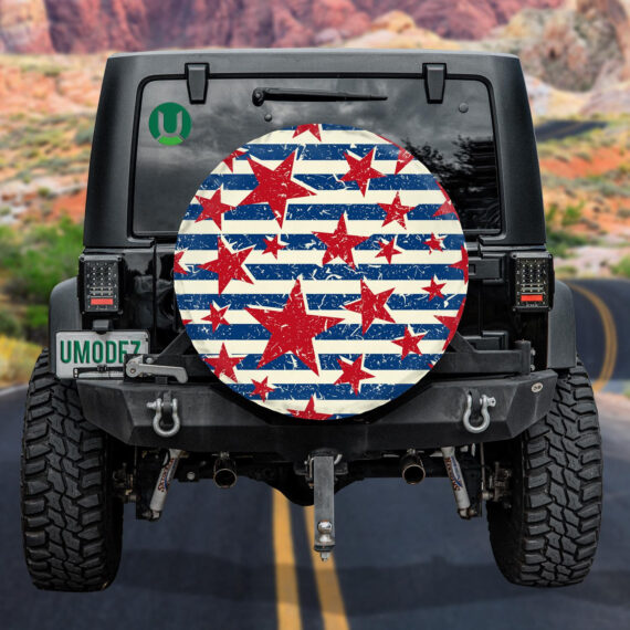 Retro Style American Red Star Blue Stripes Pattern Spare Tire Cover ...