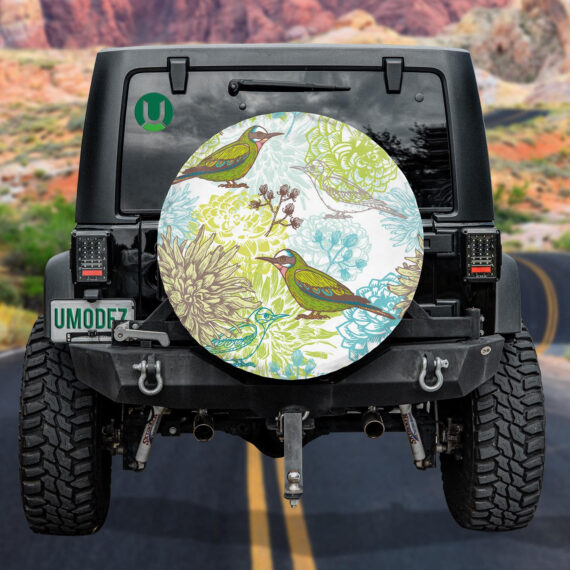 Colorful Birds And Beautiful Dahlia Flowers Spare Tire Cover - Jeep Tire Covers
