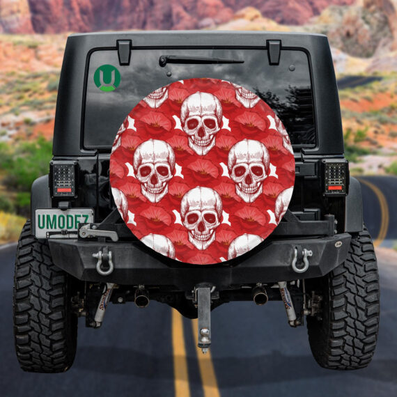 Human Skull Sketch And Red Poppy Flowers Spare Tire Cover - Jeep Tire Covers