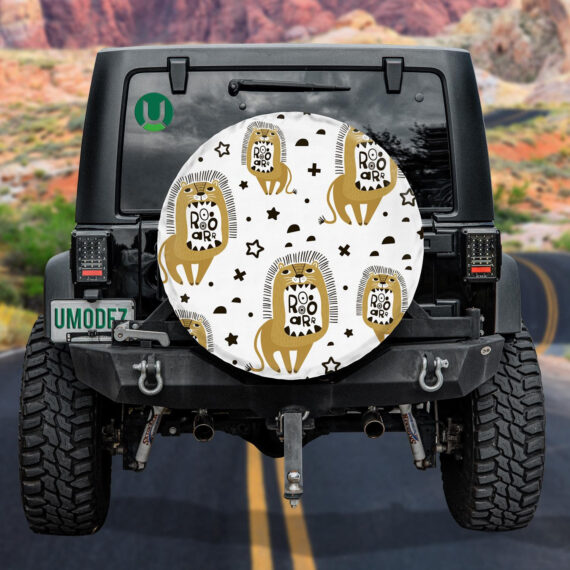 Cute Cartoon Lions Roaring On Black Stars Ornate Background Spare Tire Cover - Jeep Tire Covers