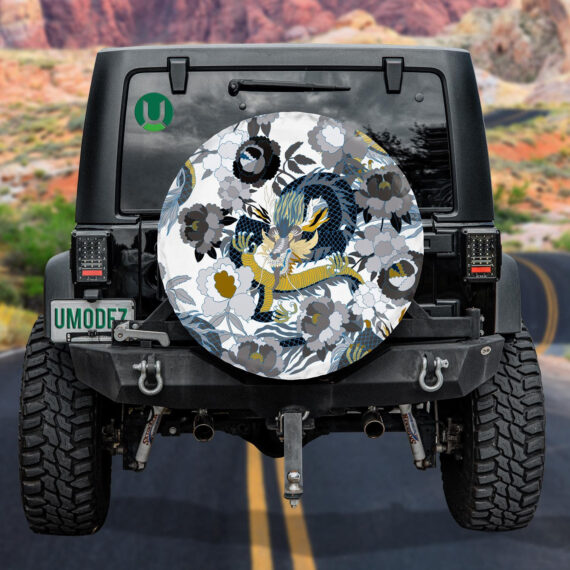 Hand Drawn Fantasy Chinese Dragon And Flowers Spare Tire Cover - Jeep Tire Covers