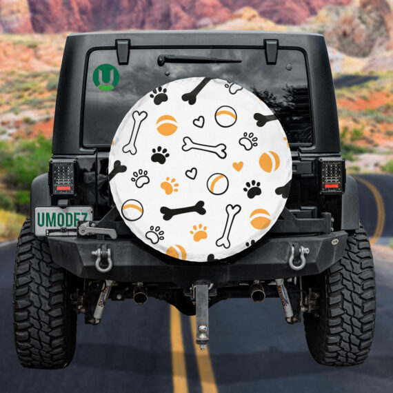 Dog With Bones Paw Prints Balls And Hearts Spare Tire Cover - Jeep Tire Covers