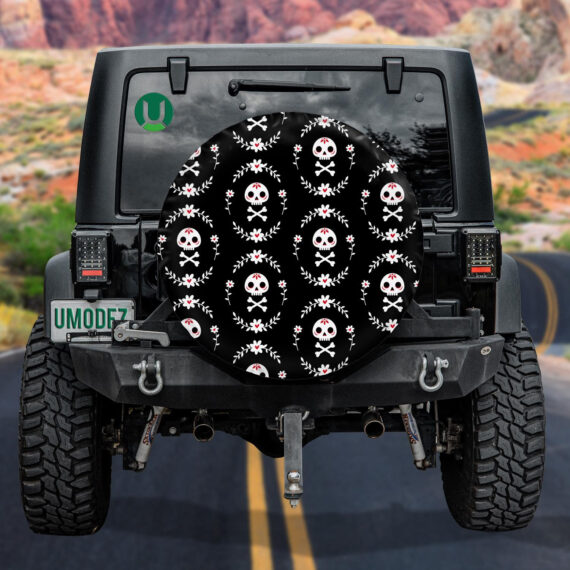 Human Skull And Bones Surrounded By Wreath Of Flowers Spare Tire Cover - Jeep Tire Covers