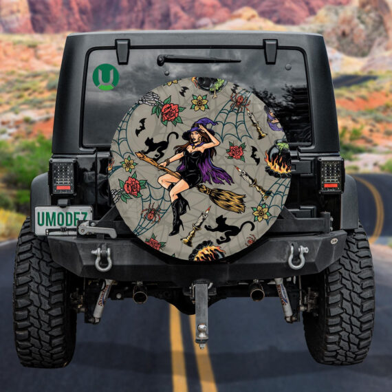 Halloween With Beautiful Witch Flying And Black Cat Spare Tire Cover - Jeep Tire Covers