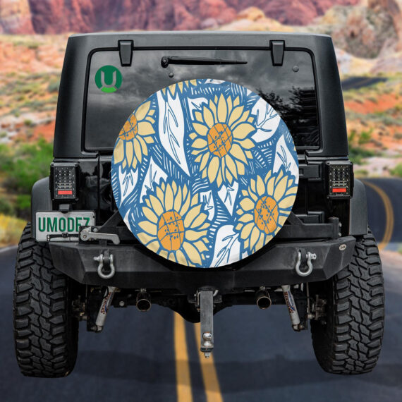 Digital Floral Botanical And Sunflower In Blue White And Orange Spare Tire Cover - Jeep Tire Covers