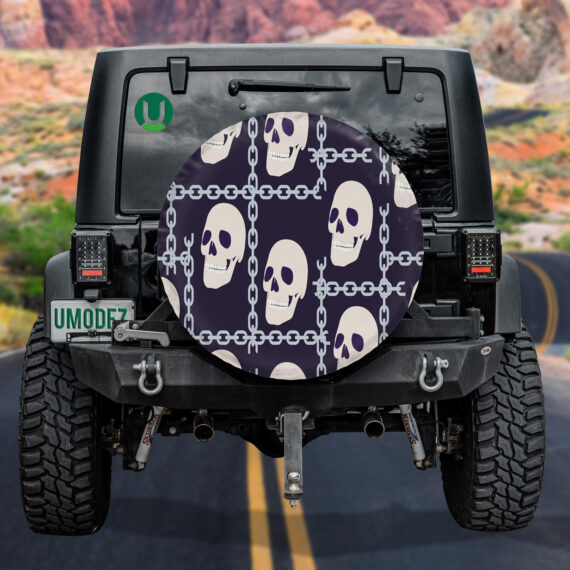 Human Skulls And Chains On Dark Blue Background Spare Tire Cover - Jeep Tire Covers