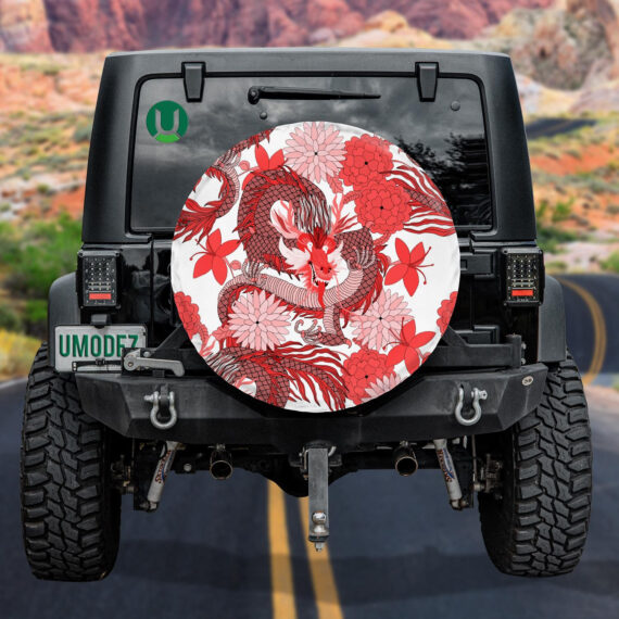 Fantasy Chinese Dragon Fan And Flowers Spare Tire Cover - Jeep Tire Covers