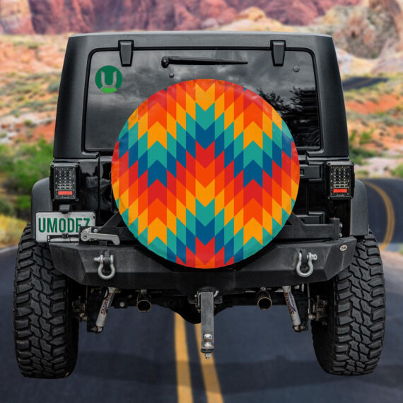 Rainbow Chevron Lines Native Americans Ornamental Background Spare Tire Cover - Jeep Tire Covers