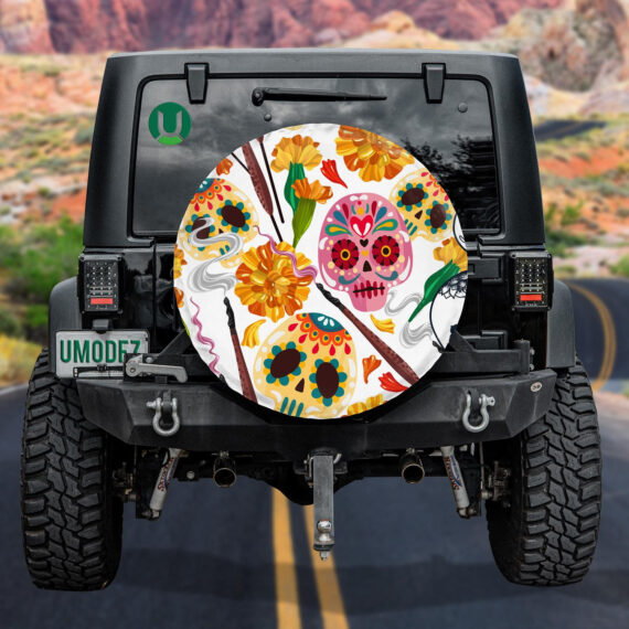 Colorful Sugar Skull Mexican And Florals Spare Tire Cover Jeep Tire