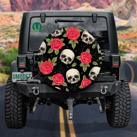 Human Skull With Red Rose And Leaves Spare Tire Cover Jeep Tire