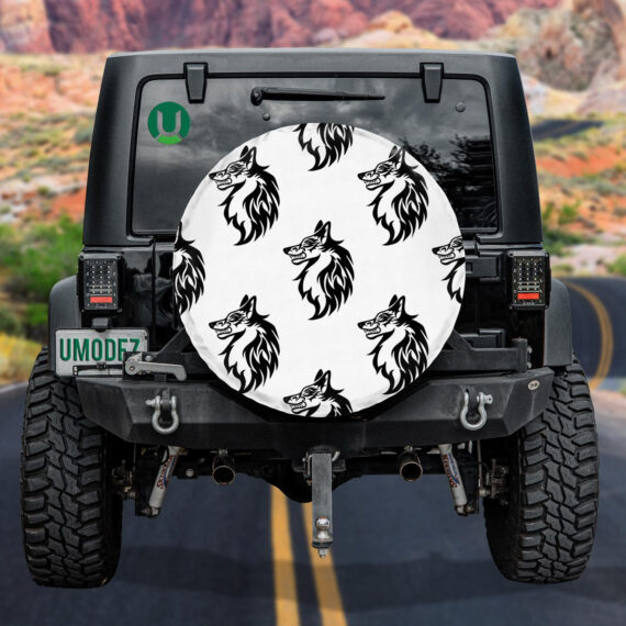 Black And White Face Of Wolf Traditional Tattoo Spare Tire Cover - Jeep Tire Covers