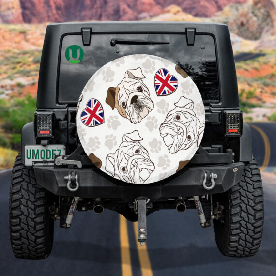 English Bulldog Paws And Heart Flag Spare Tire Cover - Jeep Tire Covers