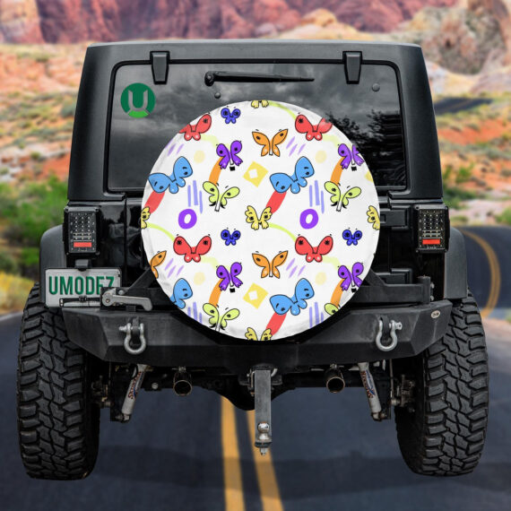 Butterfly Faces With Eyes On The Wings Colorful Psychedelic Pattern Spare Tire Cover - Jeep Tire Covers