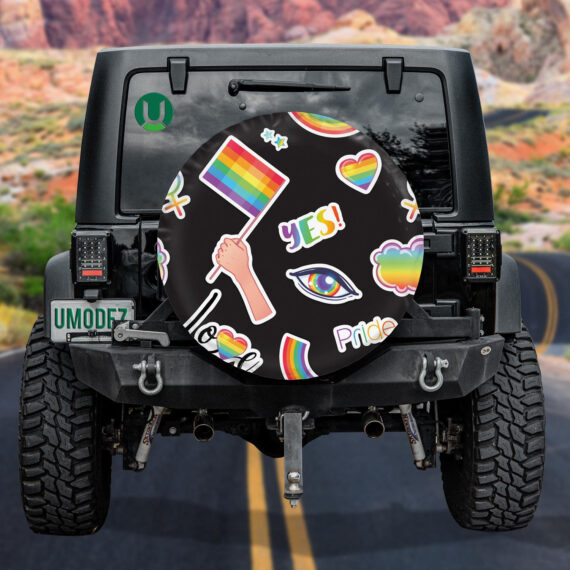 LGBT Symbols Stickers Style On Black Background Spare Tire Cover - Jeep Tire Covers