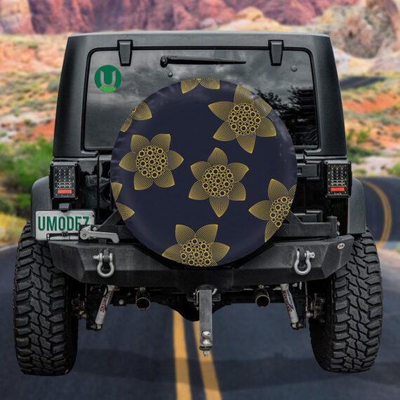 Modern Gold Stylized Sunflowers On Dark Background Spare Tire Cover - Jeep Tire Covers