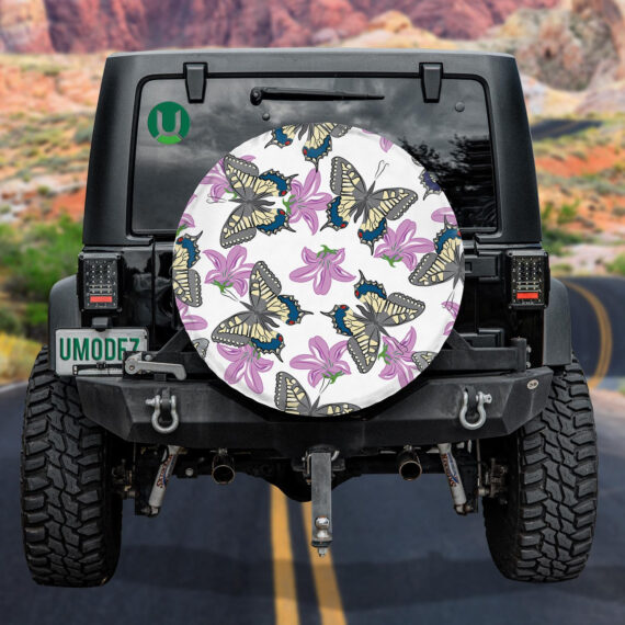 Beautiful Flying Butterflies And Purple Flower Spare Tire Cover Jeep