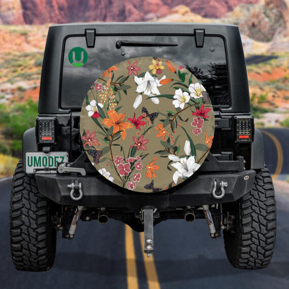 Classic Colorful Flower Branches And Butterflies Pattern Spare Tire Cover - Jeep Tire Covers