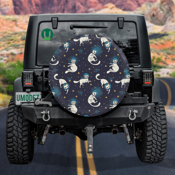 Cosmic Cute Doodle White Astronaut Cat Floating In Space Spare Tire Cover - Jeep Tire Covers