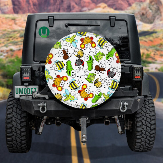 Hand Drawn Cartoon Butterflies And Green Caterpillars Spare Tire Cover - Jeep Tire Covers