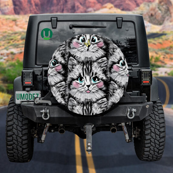 Cute Furry Kitten Face In Cartoon Style Spare Tire Cover - Jeep Tire Covers