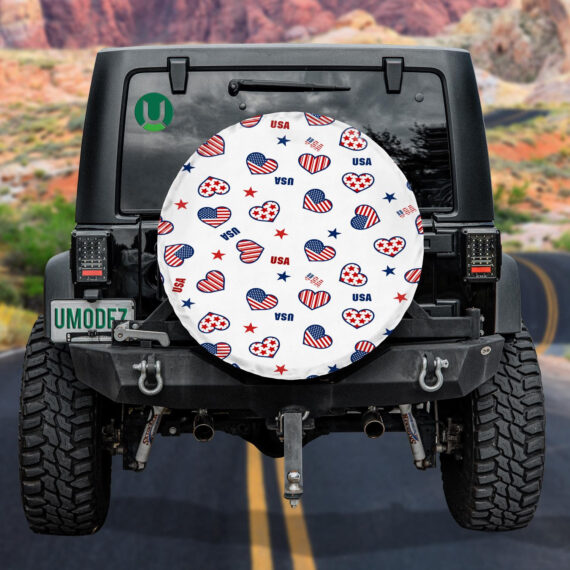 Patriotic Star And Heart Shape American Flag Pattern Spare Tire Cover - Jeep Tire Covers