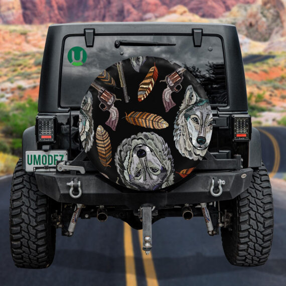 Embroidery Head Wolf Feathers And Guns Spare Tire Cover – Jeep Tire ...