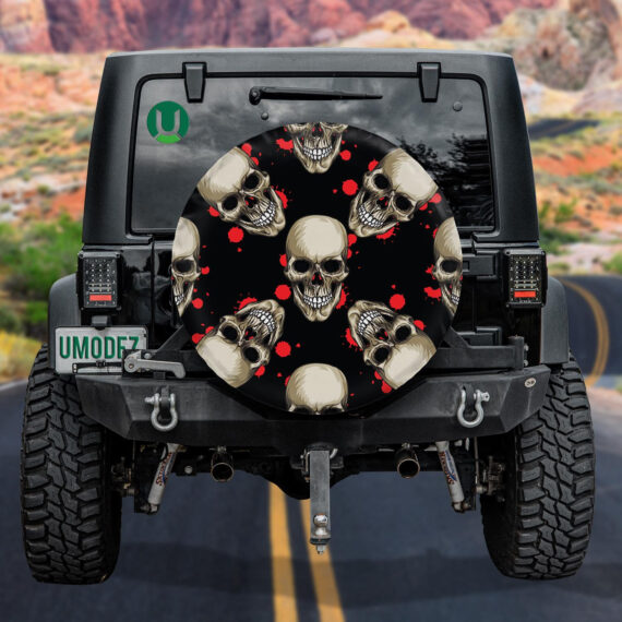 Scared Human Skull With Red Dot On Black Background Spare Tire Cover - Jeep Tire Covers