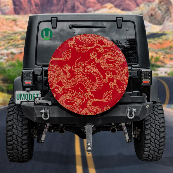 Chinese Dragon Fighting Outline Gold On Red Spare Tire Cover - Jeep Tire Covers