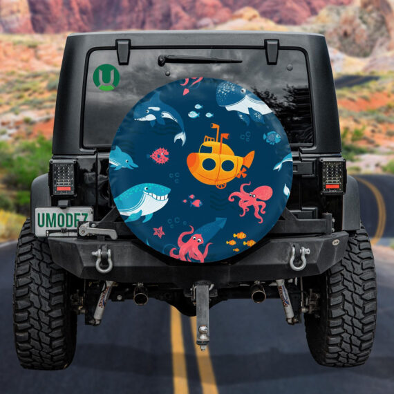 Pattern Of Deep Ocean Floor Animals Fishes Submarine Cartoon Pattern Spare Tire Cover - Jeep Tire Covers