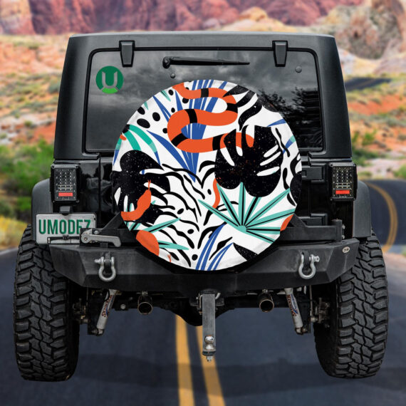 Red And Black Snake And Palm Leaf Illustration Spare Tire Cover - Jeep Tire Covers