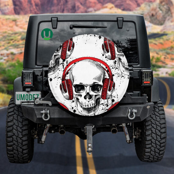 Human Skulls In Red Headphone Spare Tire Cover Jeep Tire Covers