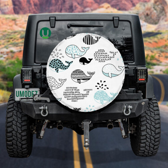 Doodle Cute Dolphin With Different Figures White Theme Design Spare Tire Cover - Jeep Tire Covers