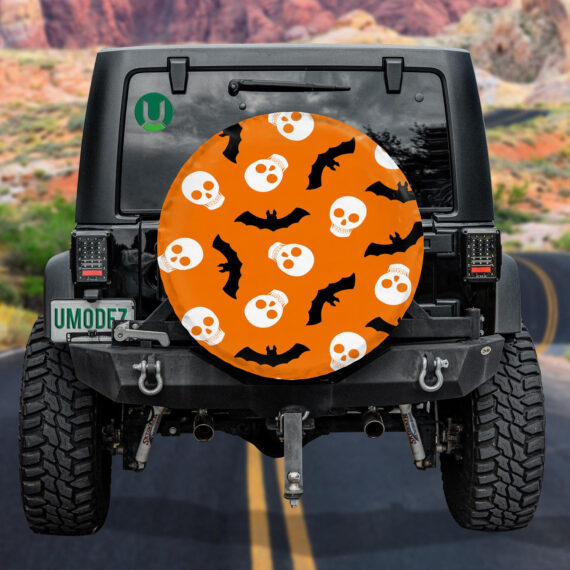 Creepy Human Skulls And Bats On Orange Spare Tire Cover Jeep Tire