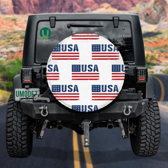 Retro Style USA Word Flag Pattern On White Background Spare Tire Cover - Jeep Tire Covers