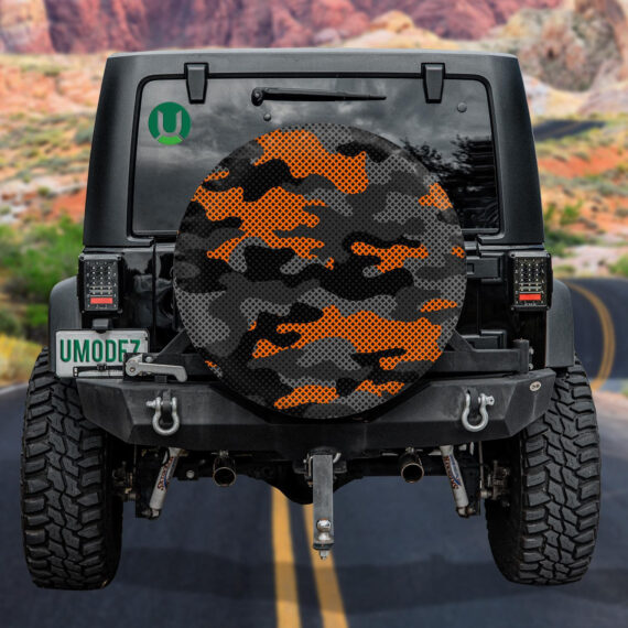 Abstract Orange And Dark Gray Grid Camouflage Pattern Spare Tire Cover - Jeep Tire Covers