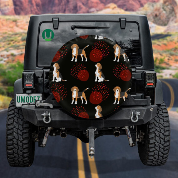 Cute Puppies Beagle And Red Fireworks Spare Tire Cover - Jeep Tire Covers