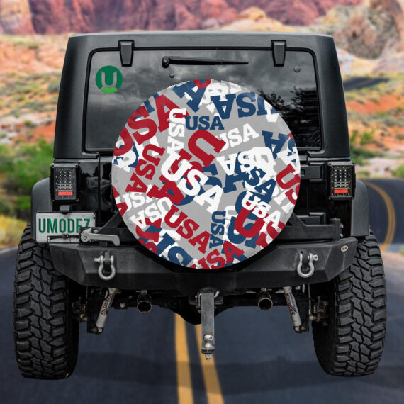 Patriotic Color Usa Text Gray Background Pattern Spare Tire Cover 