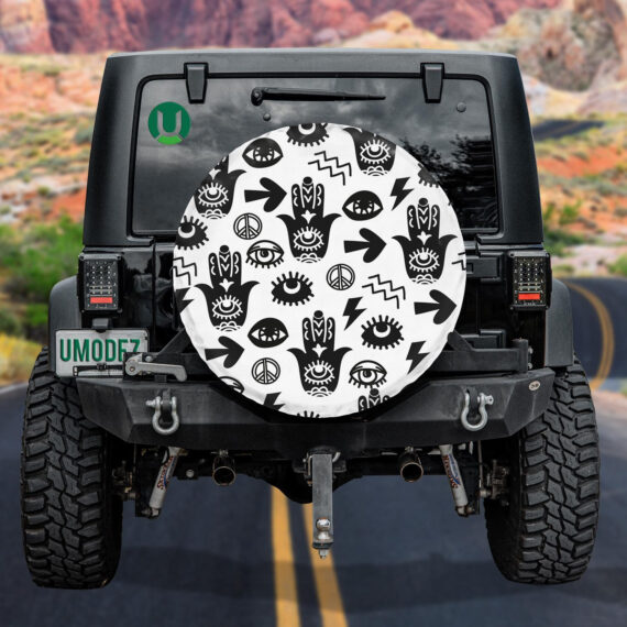 Funky Hippie Style Design With Fatima Hand Black White Design Spare Tire Cover - Jeep Tire Covers